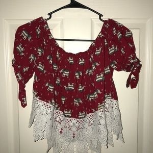 Dark red elephant print off the shoulder shirt